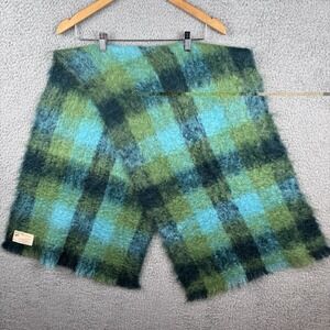 Vintage Scarf Blue Green Mohair Blend Made In Scotland 58"x16" Soft Plaid